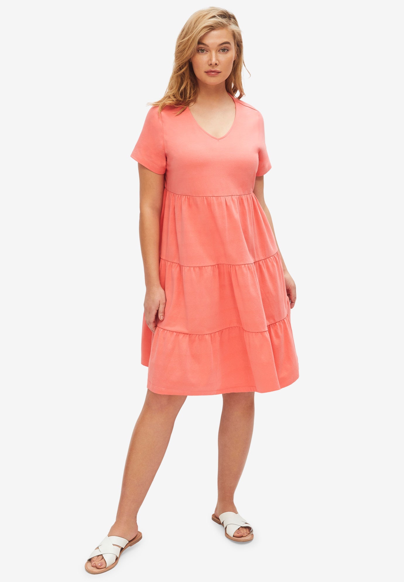 Cotton Spandex Scoop Neck Short Sleeve Tiered A Line Dress image number 0
