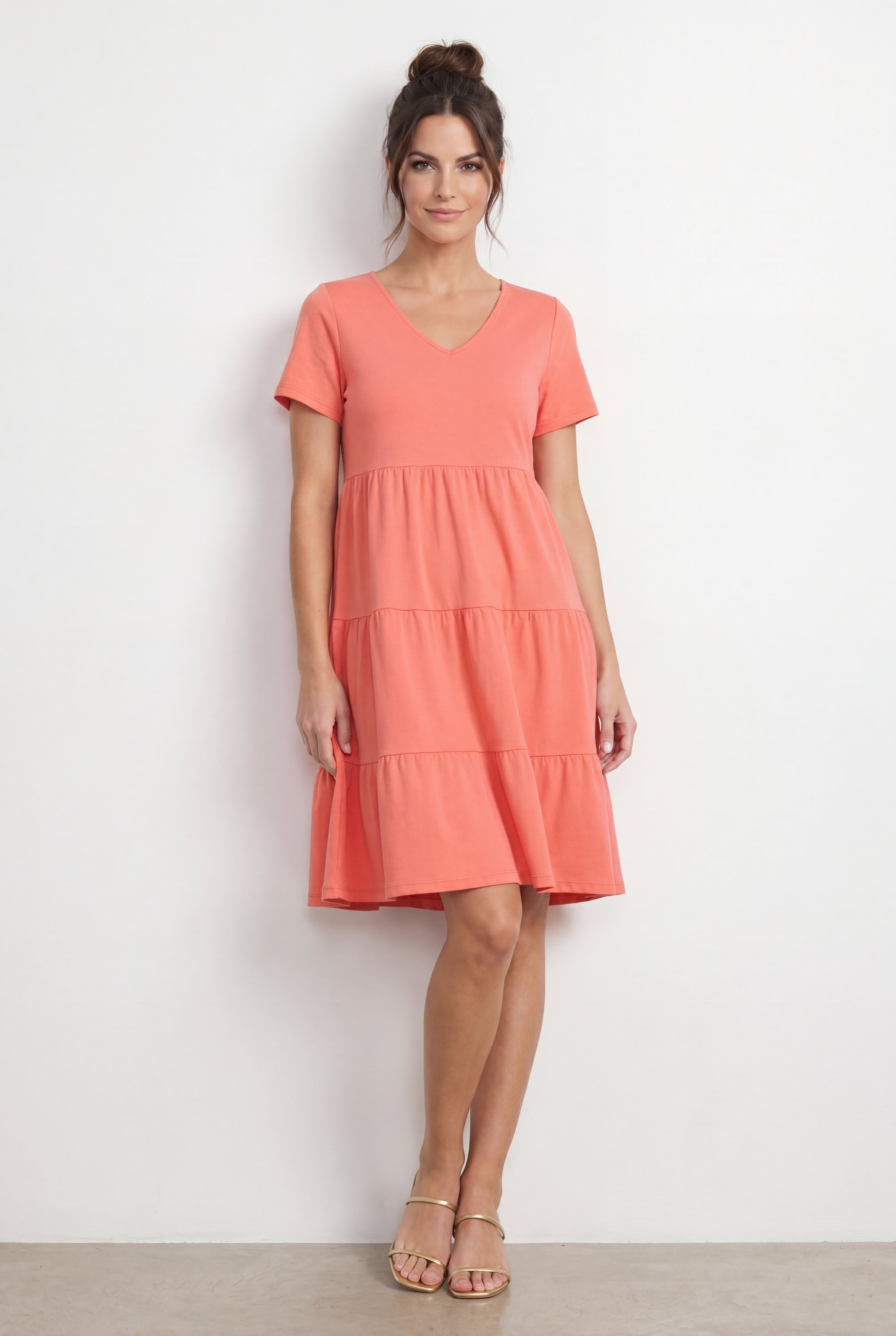 Cotton Spandex V-Neck Short Sleeve Tiered A-Line Dress image number 0