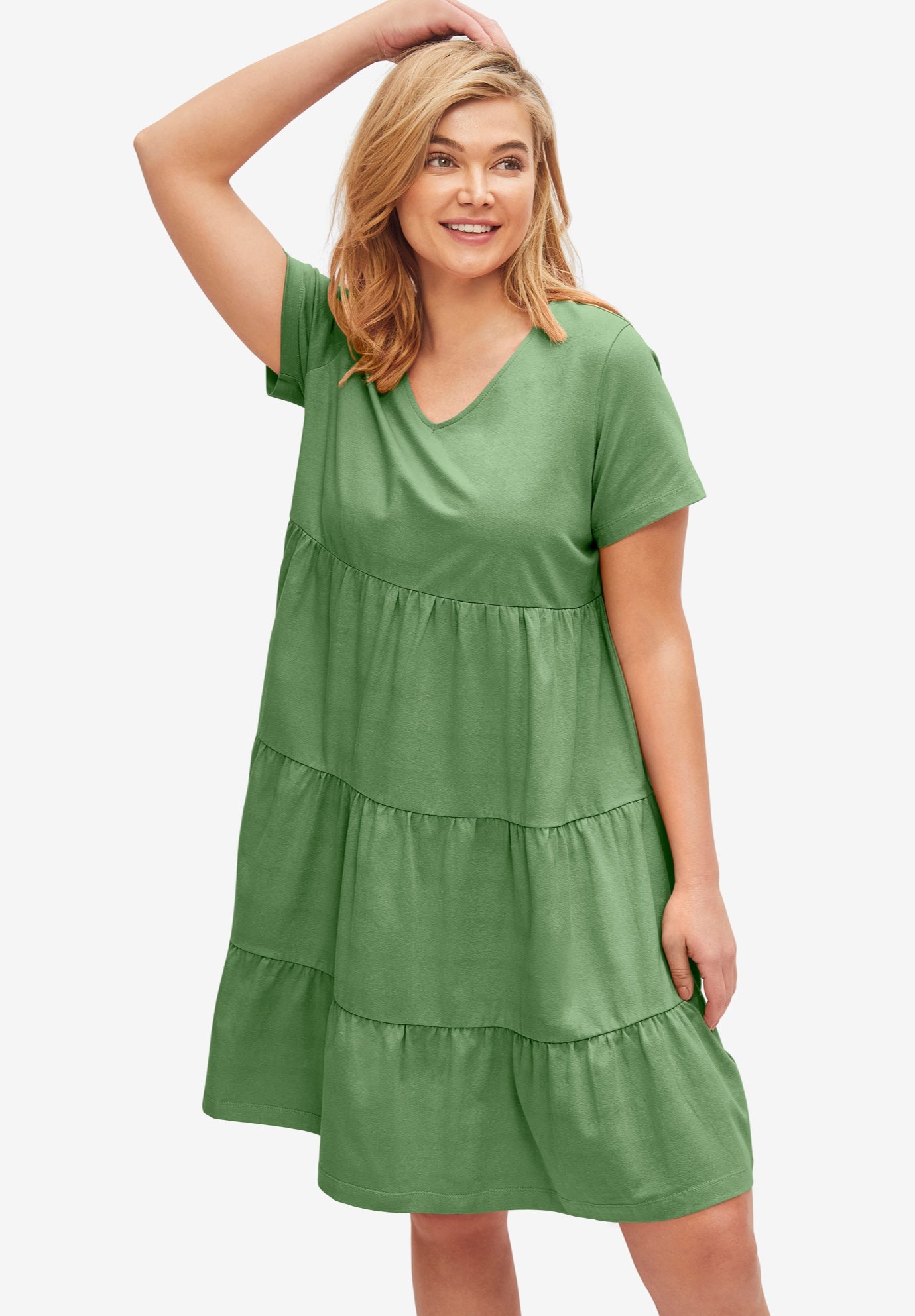 Cotton Spandex Scoop Neck Short Sleeve Tiered A Line Dress image number 0