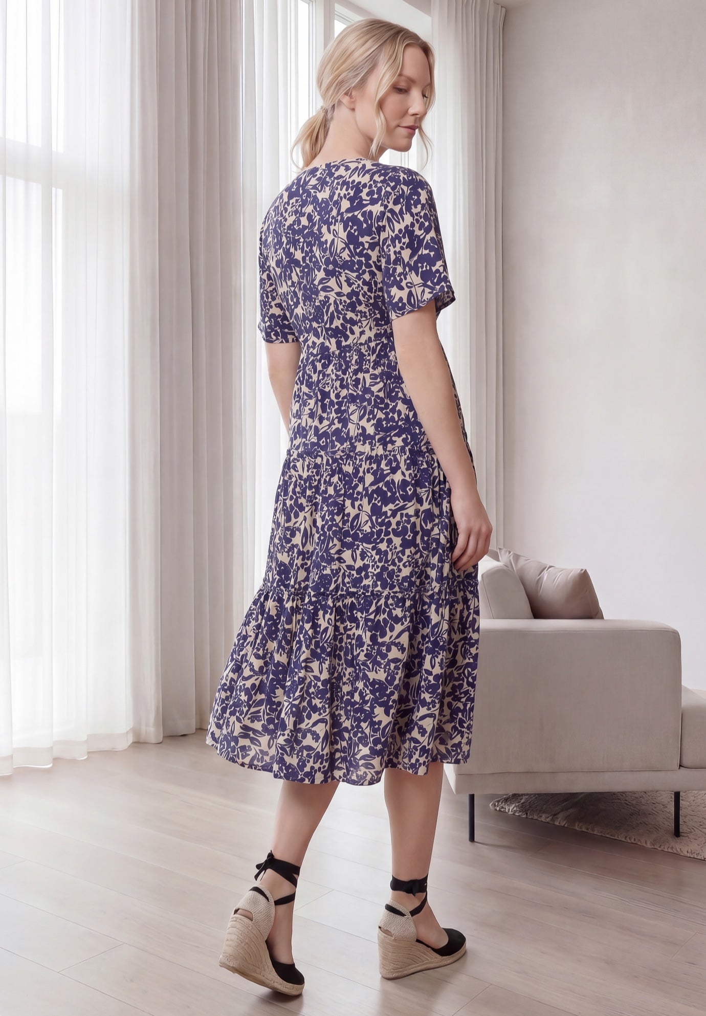 Crinkle Crepe V-Neck Faux Wrap Tiered Midi Dress image number 1
