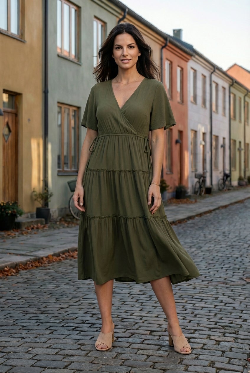 Tiered Midi Dress With Surplice Neckline image number 2