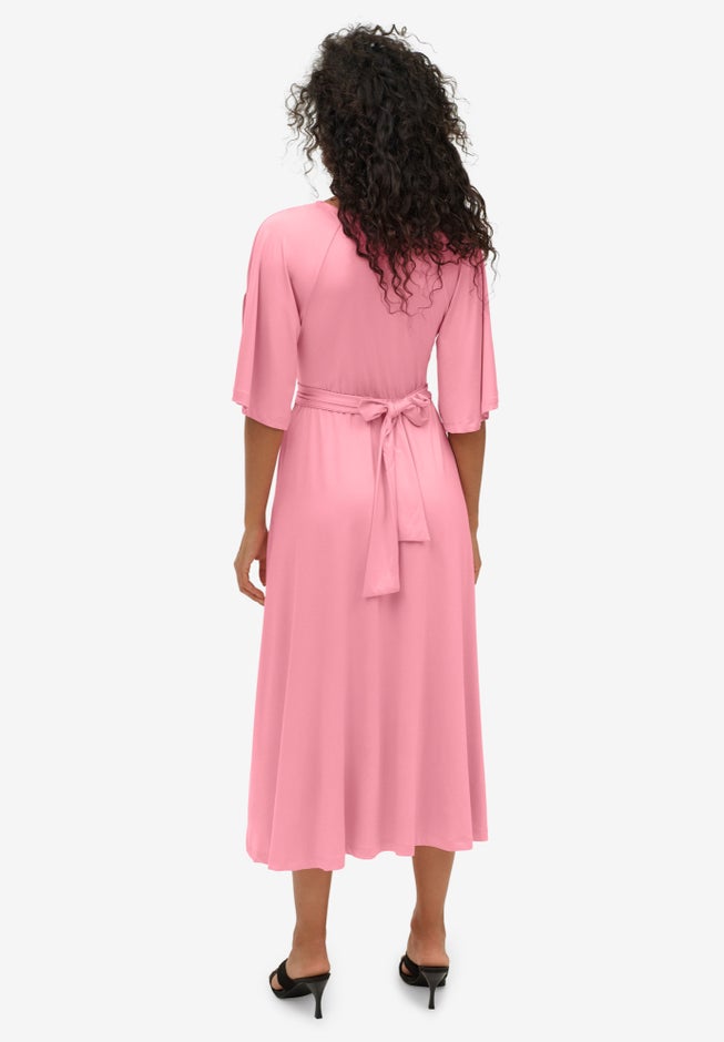 Knit Midi Dress With Surplice Neckline & Waist Tie image number 1