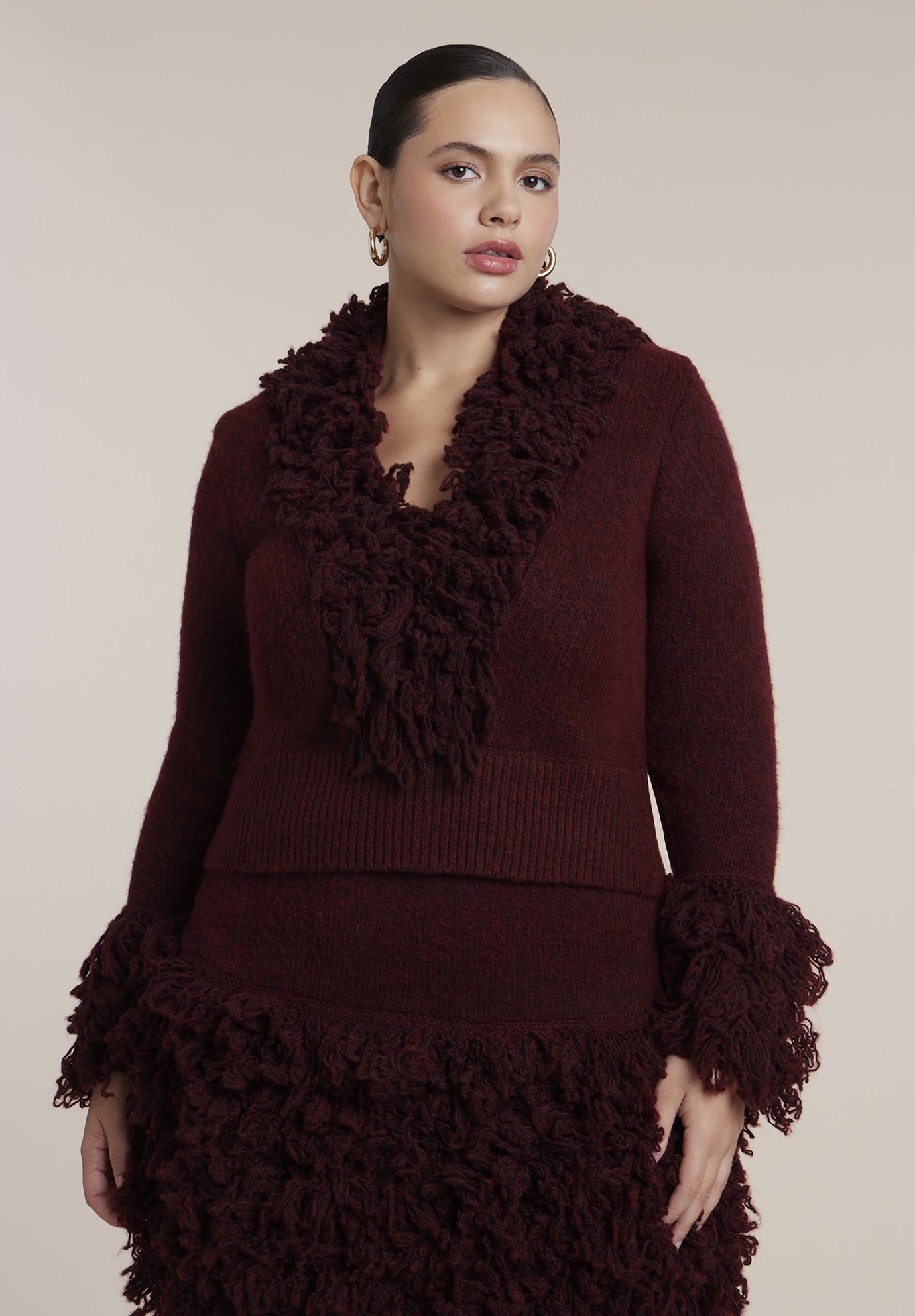 Fringe Knit-Trim V-Neck Sweater image number 0