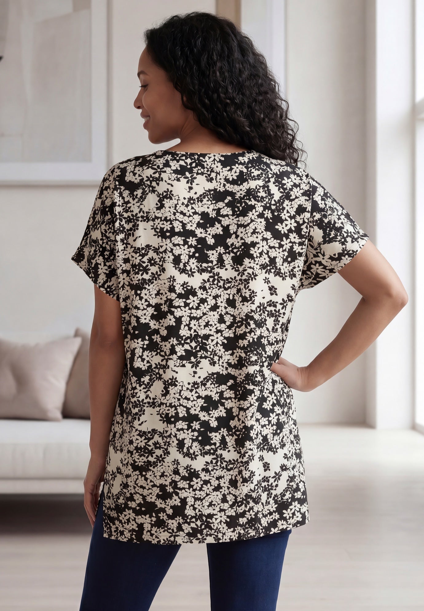 Stretch Jersey Knit V-Neck Oversized Tunic image number 1