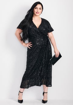 black sequin wrap dress plus size City Chic Plus Size Sequin Wrap Dress