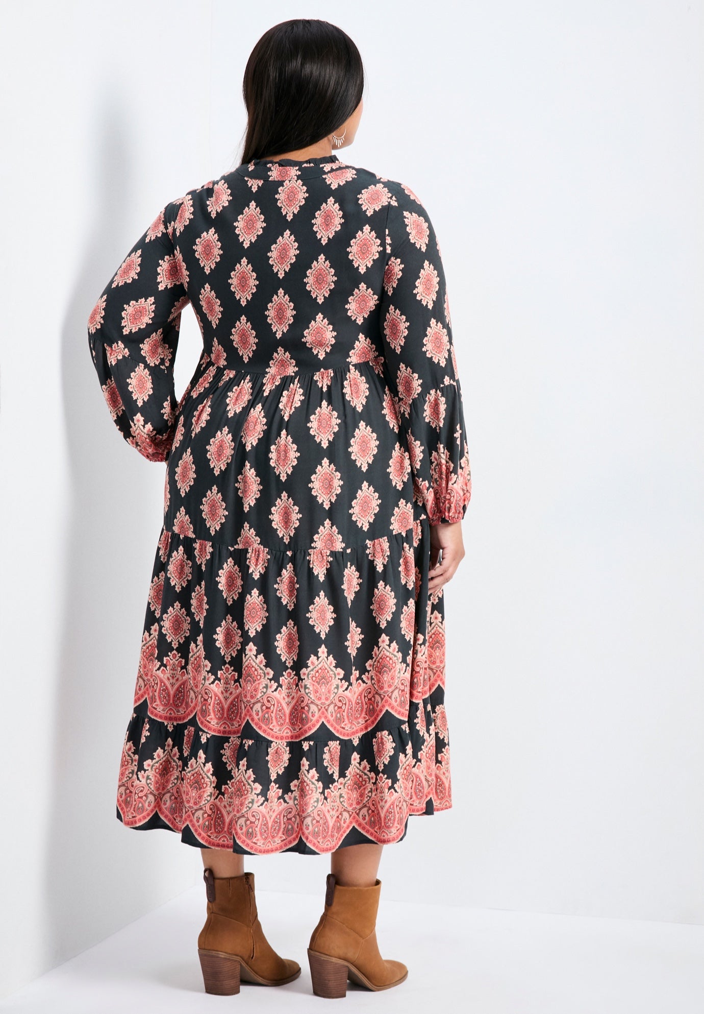 Everlasting Bordered Print Blouson Sleeve Dress image number 1