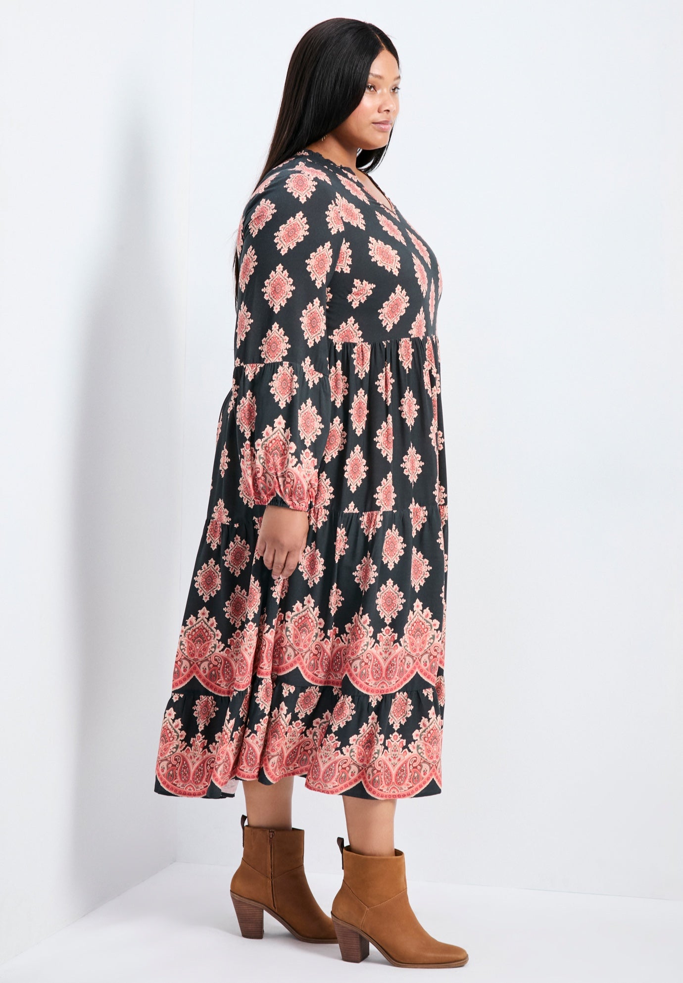 Everlasting Bordered Print Blouson Sleeve Dress image number 2