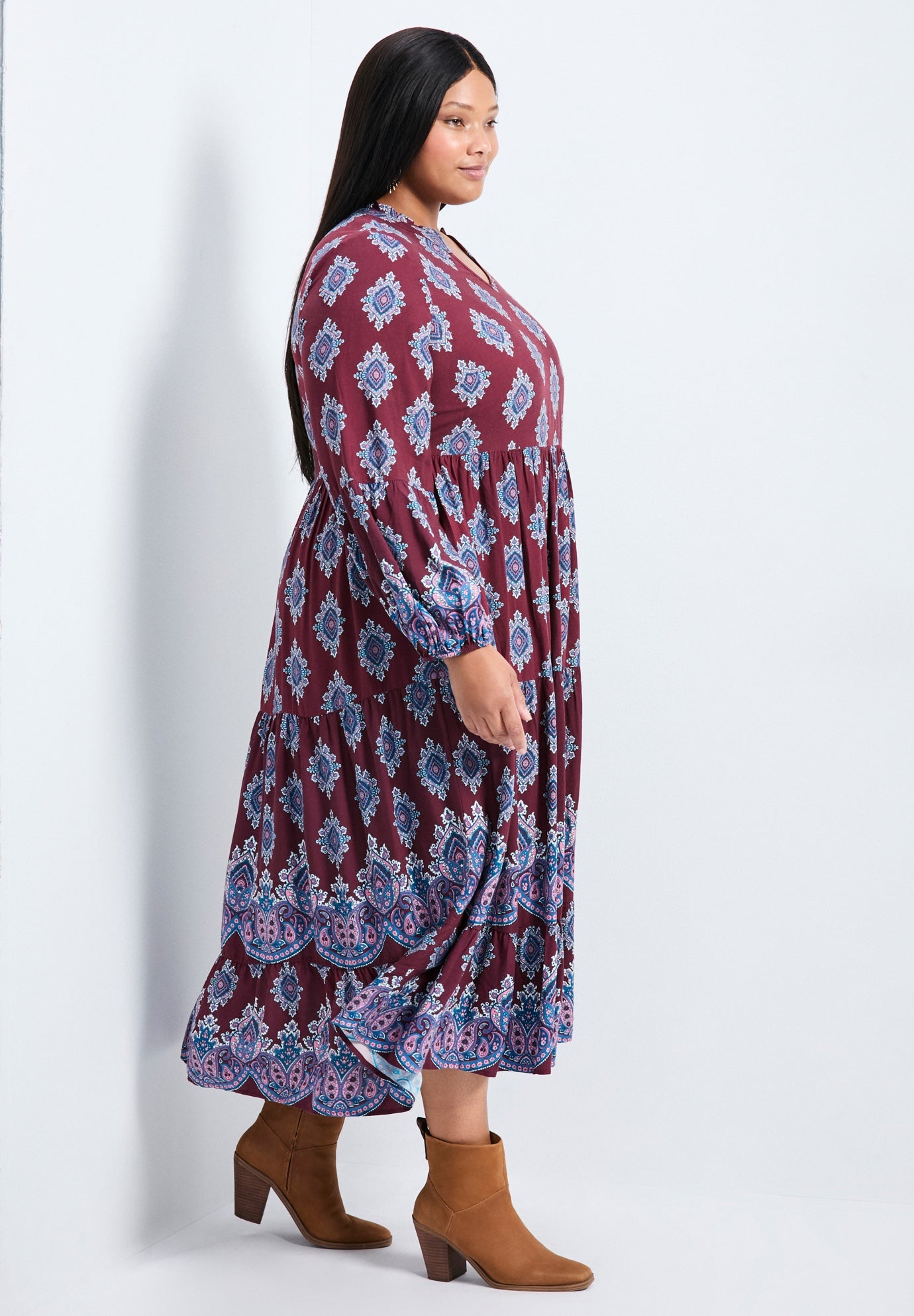 Everlasting Bordered Print Blouson Sleeve Dress image number 1