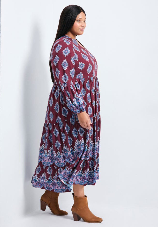 Everlasting Bordered Print Blouson Sleeve Dress image number 1