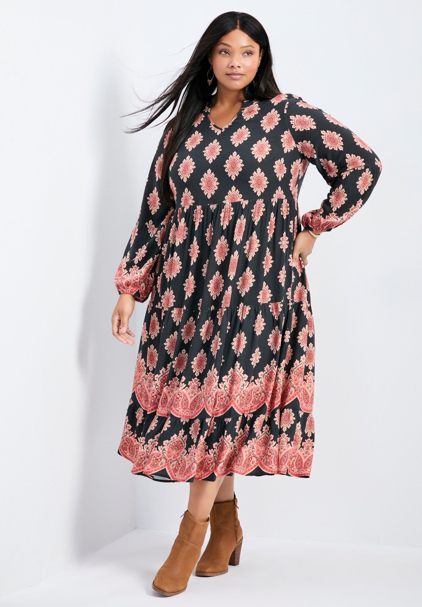 Everlasting Bordered Print Blouson Sleeve Dress image number 0