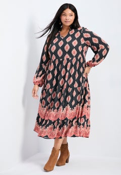 Everlasting Bordered Print Blouson Sleeve Dress