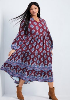 Everlasting Bordered Print Blouson Sleeve Dress