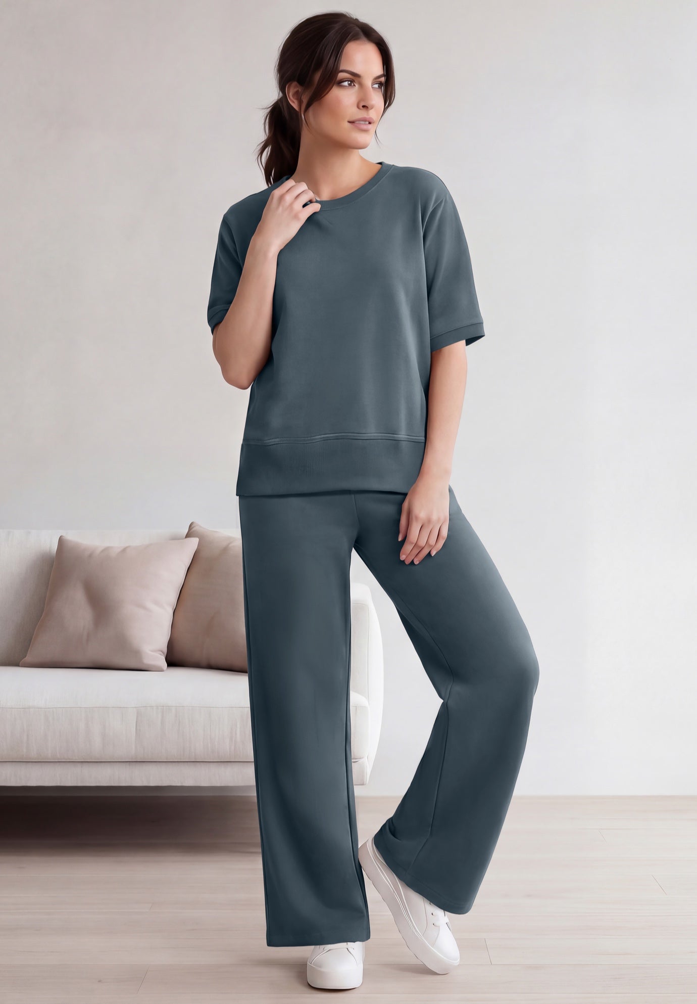 Ellos Studio French Terry Wide Leg Drawstring Elastic Waistband Sweatpants image number 0