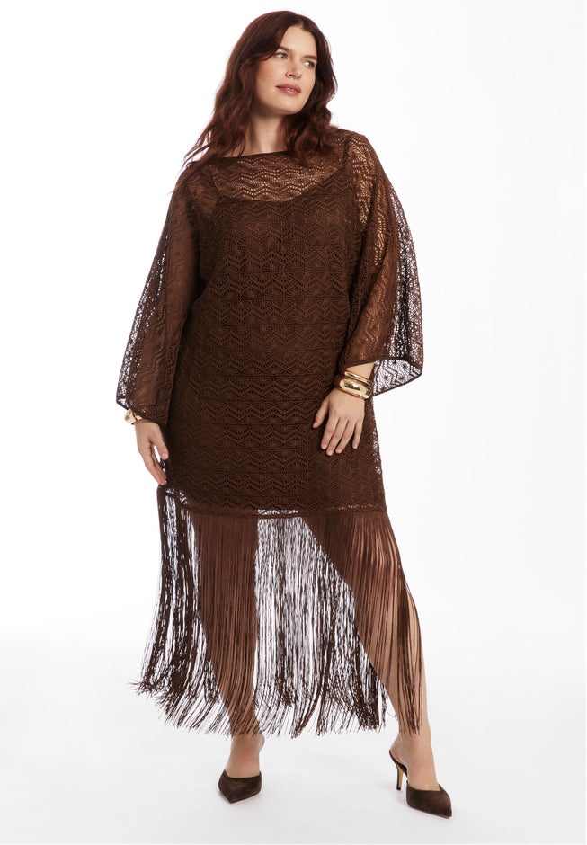 Lace Kimono Dress with Fringe image number 1