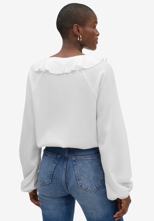 Knit Top With Ruffled V-Neck image number 1