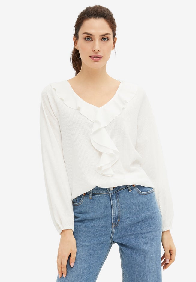 Knit Top With Ruffled V-Neck image number 0