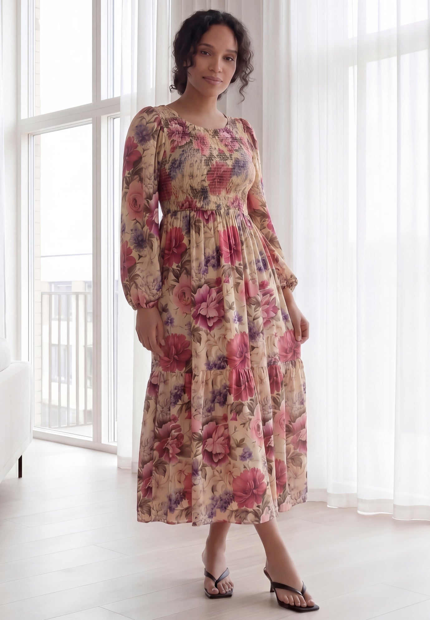 Smocked Bodice Tiered Midi Dress image number 0