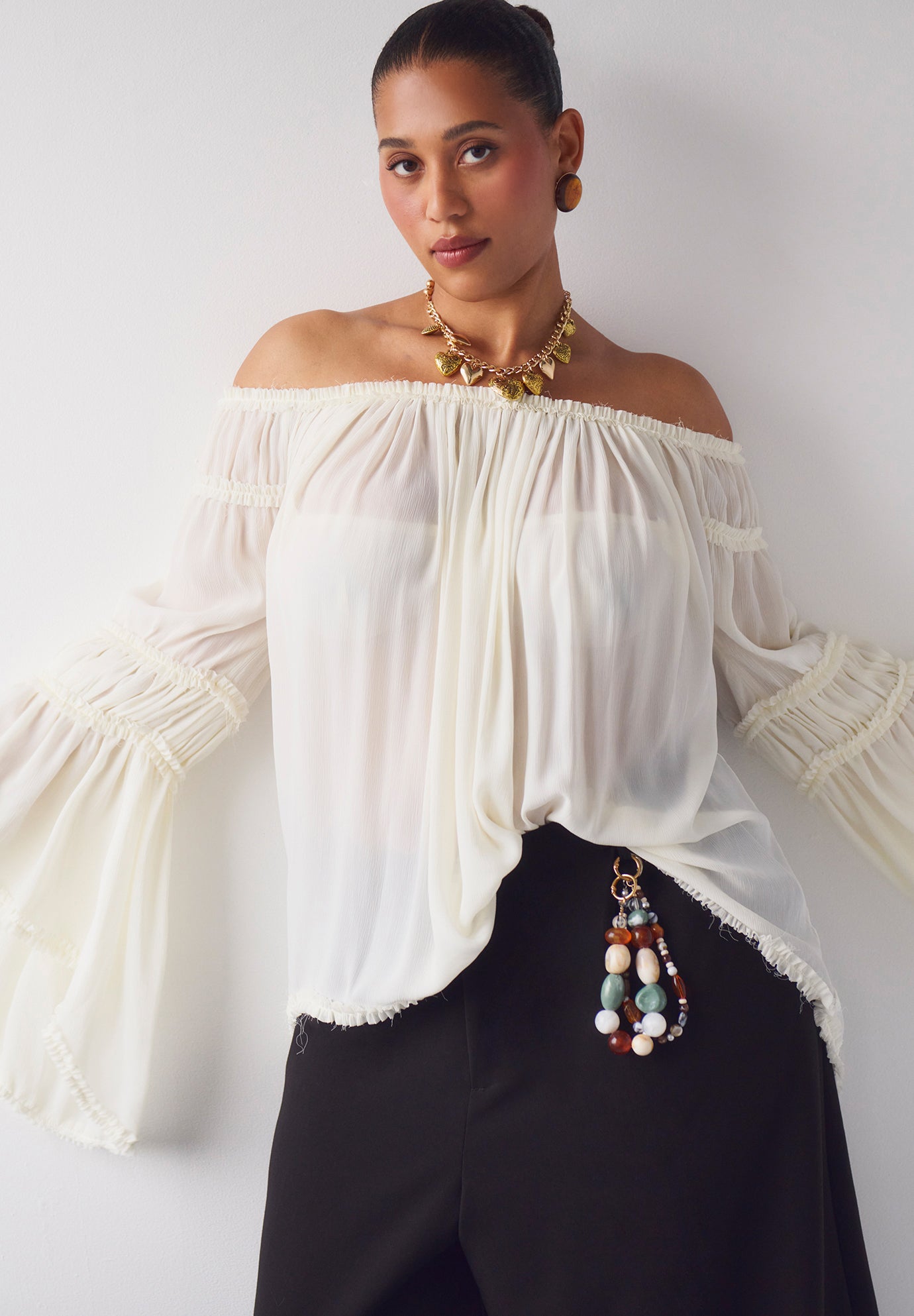 Sheer Crinkle Chiffon Off-The-Shoulder Top image number 7