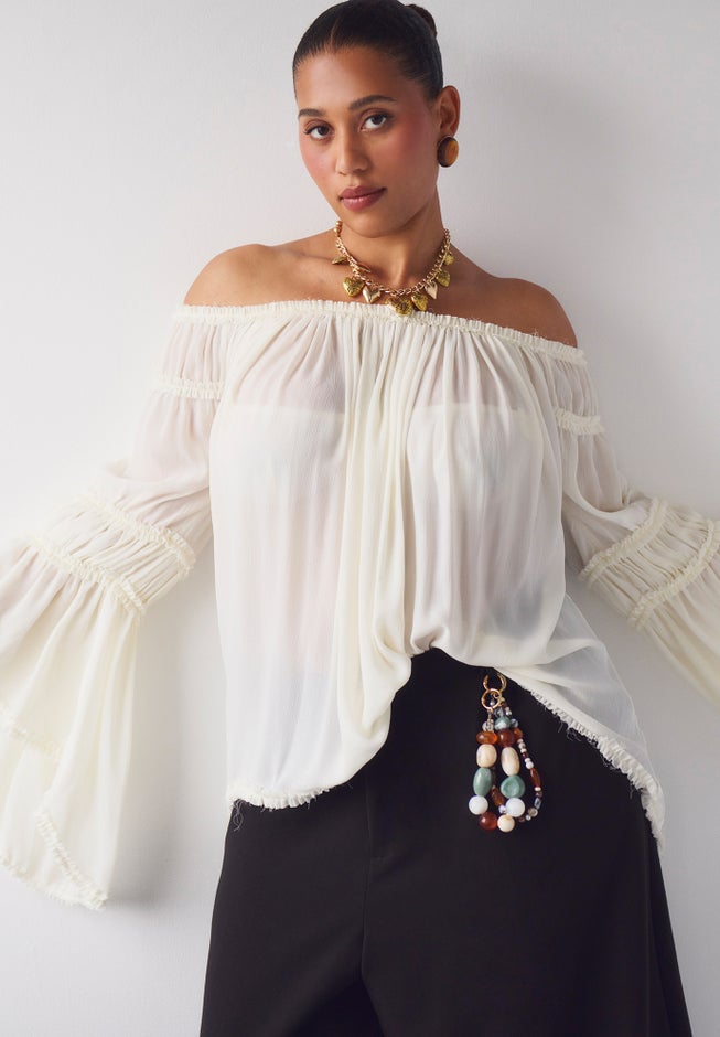 Sheer Crinkle Chiffon Off-The-Shoulder Top image number 7