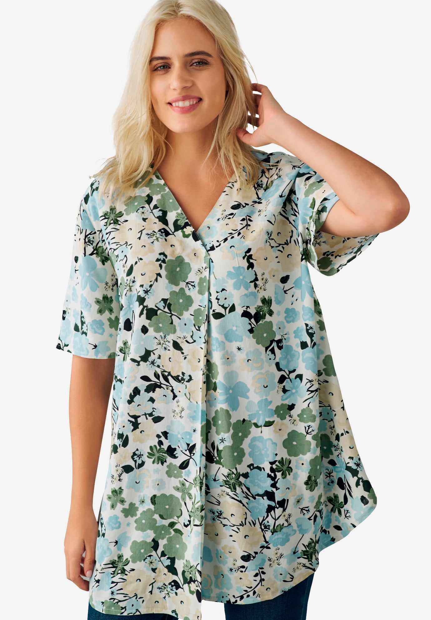 Short Sleeve Inverted V-Neck Trapeze Tunic image number 0
