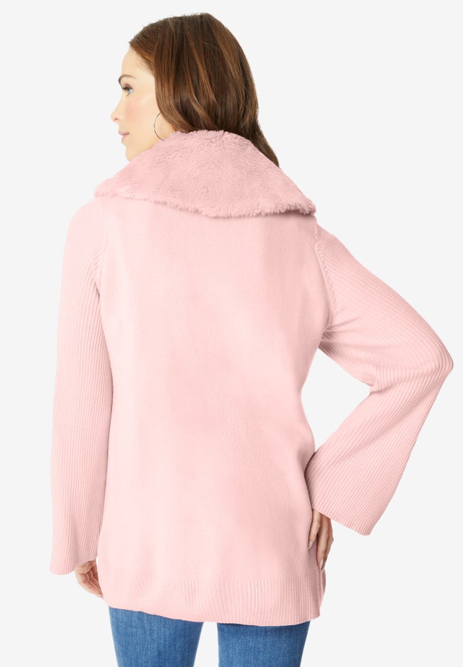 Faux Fur Collar Cardigan Sweater. image number 2