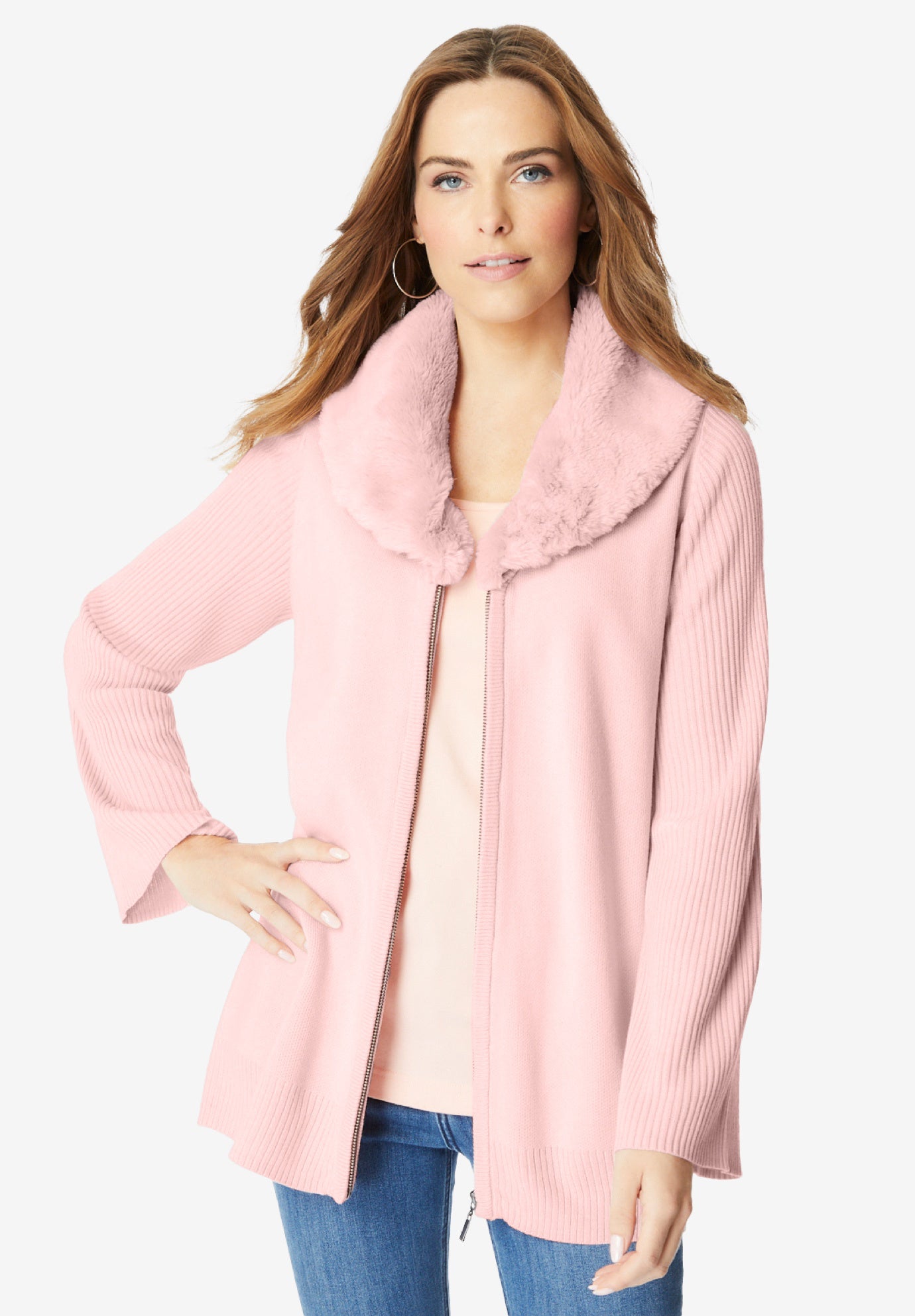 Faux Fur Collar Cardigan Sweater. image number 1