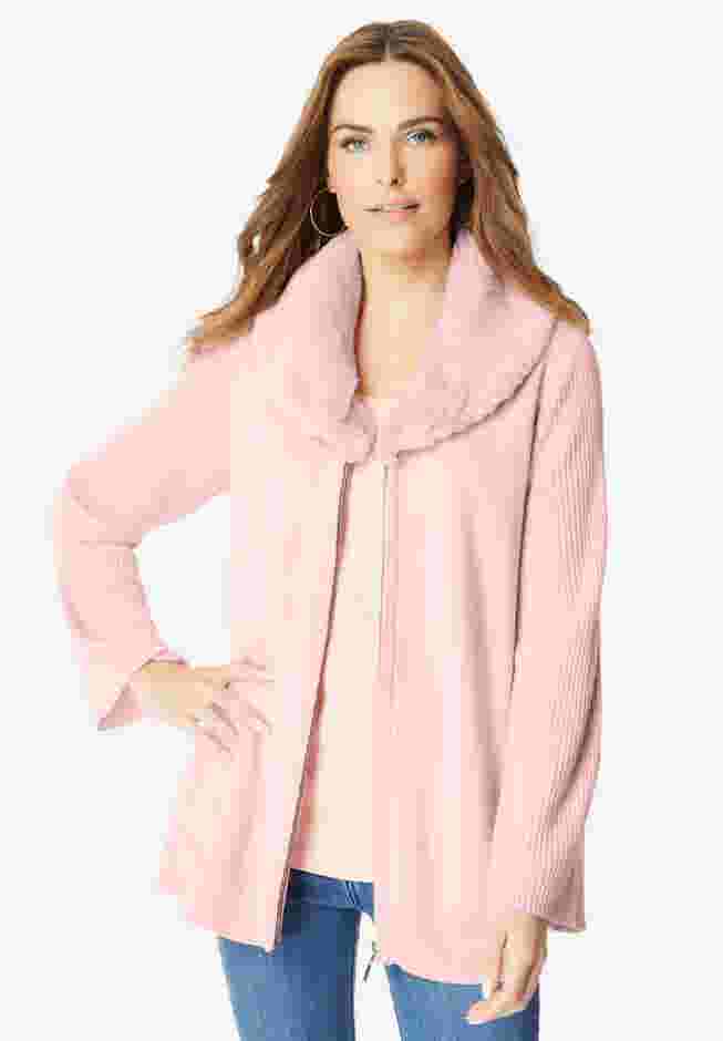 Faux Fur Collar Cardigan Sweater. image number 0