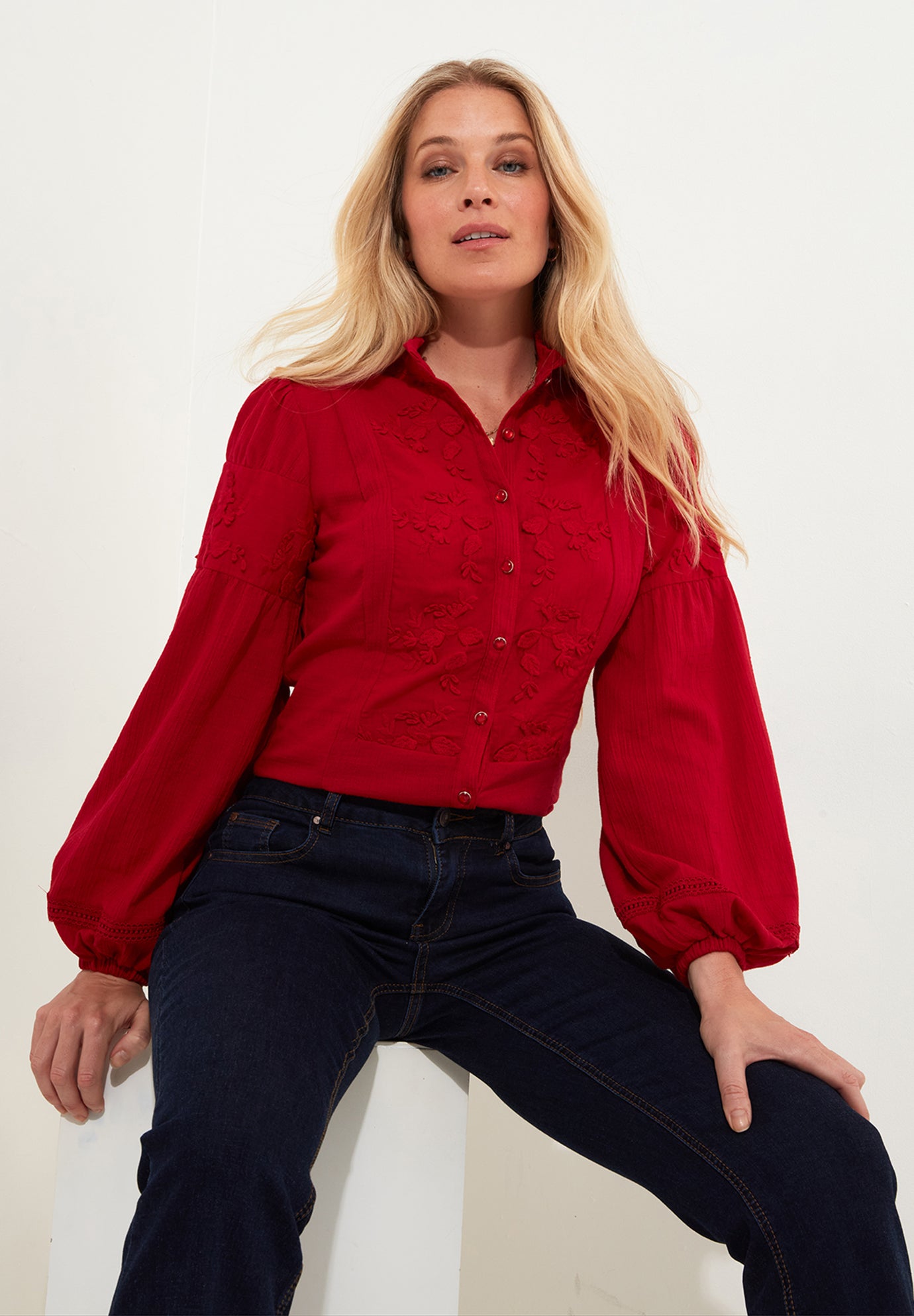 Long Balloon Sleeve Embroidered Blouse image number 1
