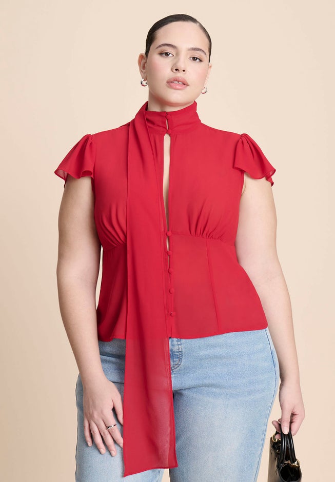 Flutter Sleeve Top With Necktie image number 1