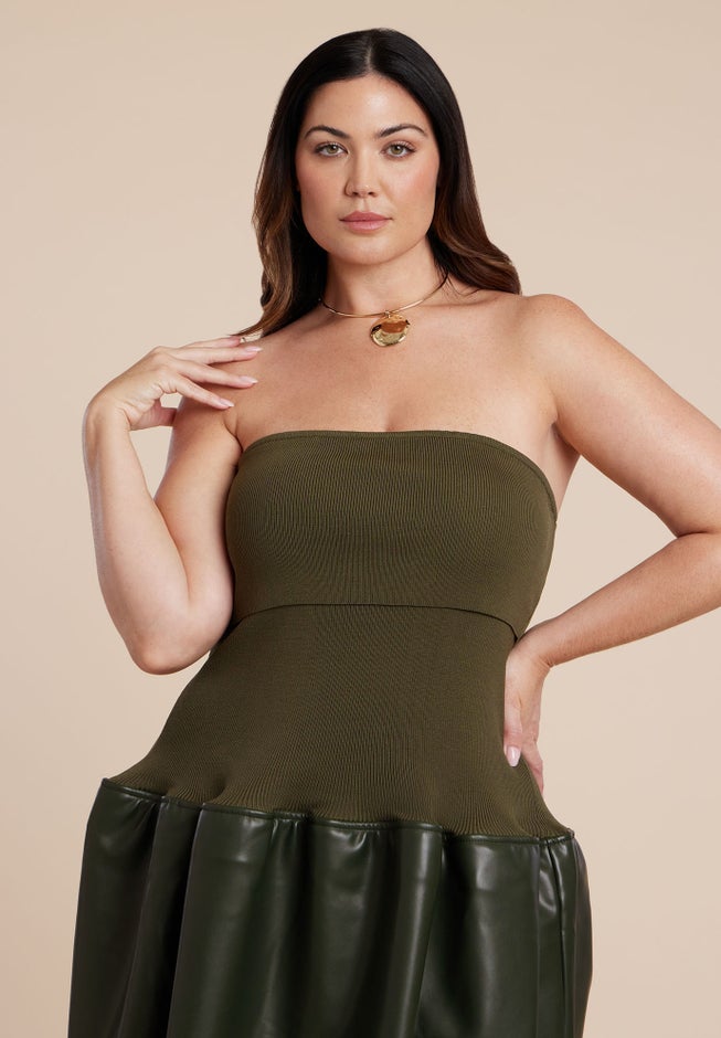 Faux Leather Sweater Mixed Dress image number 2