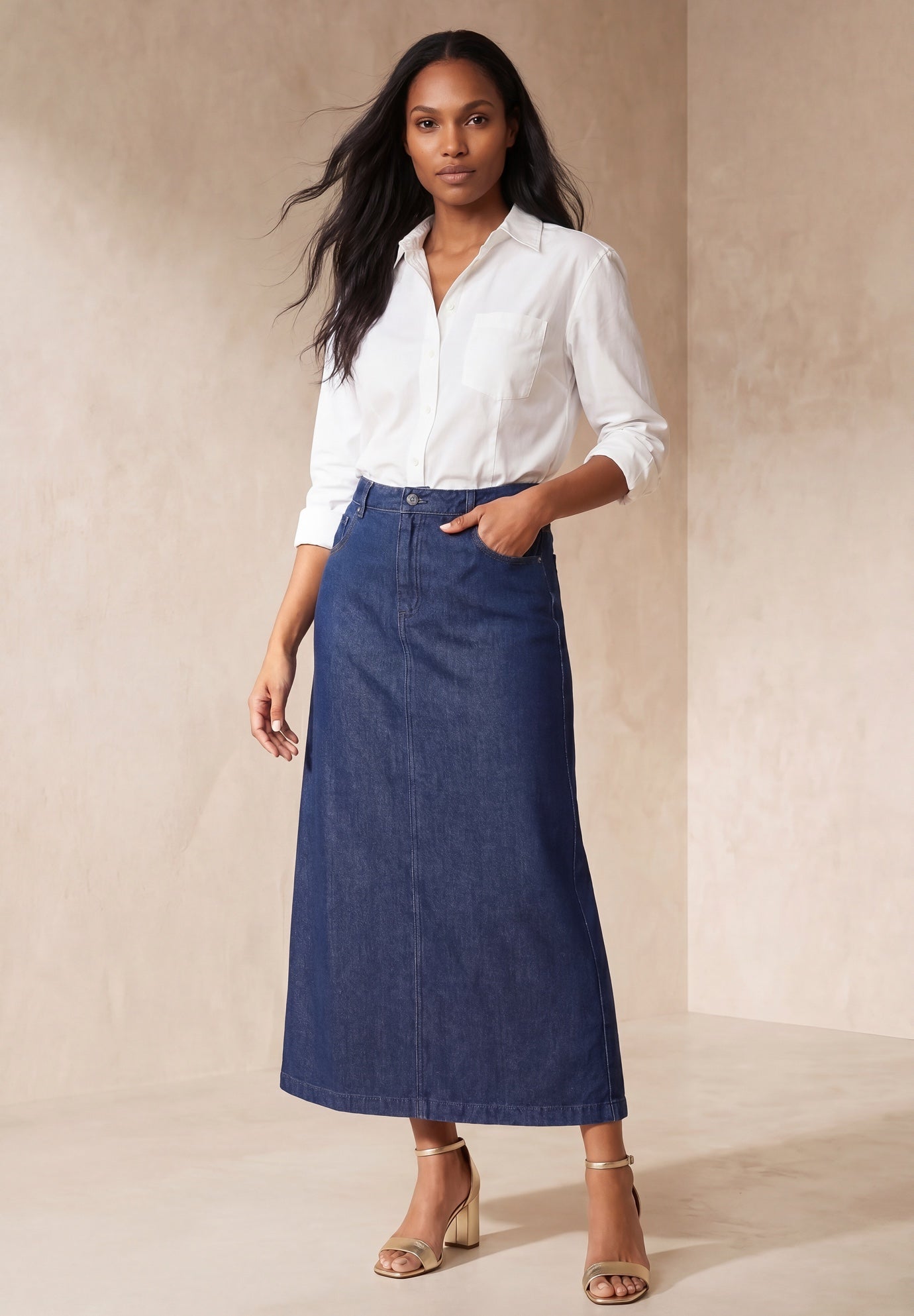 Classic Cotton Denim Midi Skirt image number 0