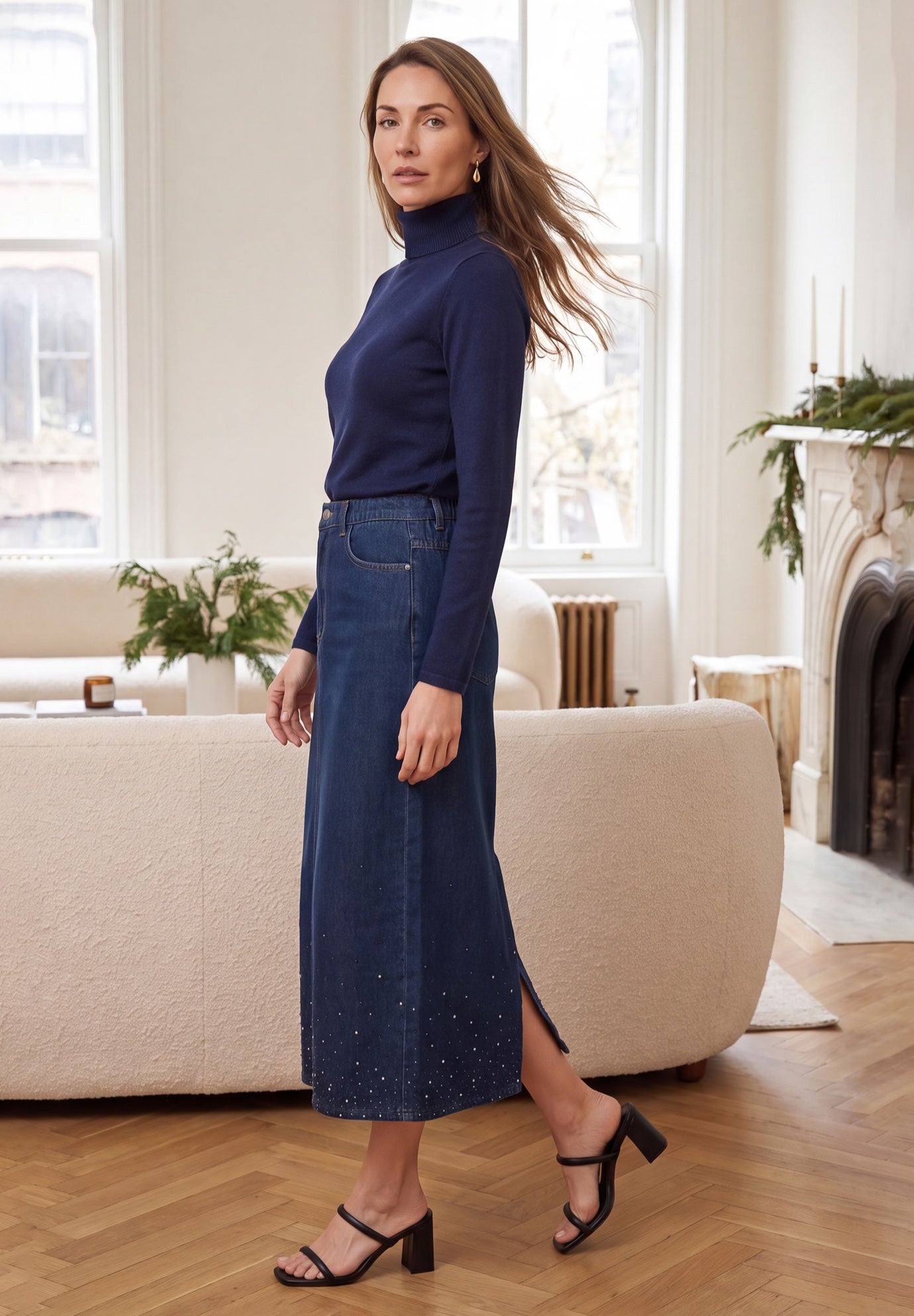 Classic Cotton Denim Midi Skirt image number 2