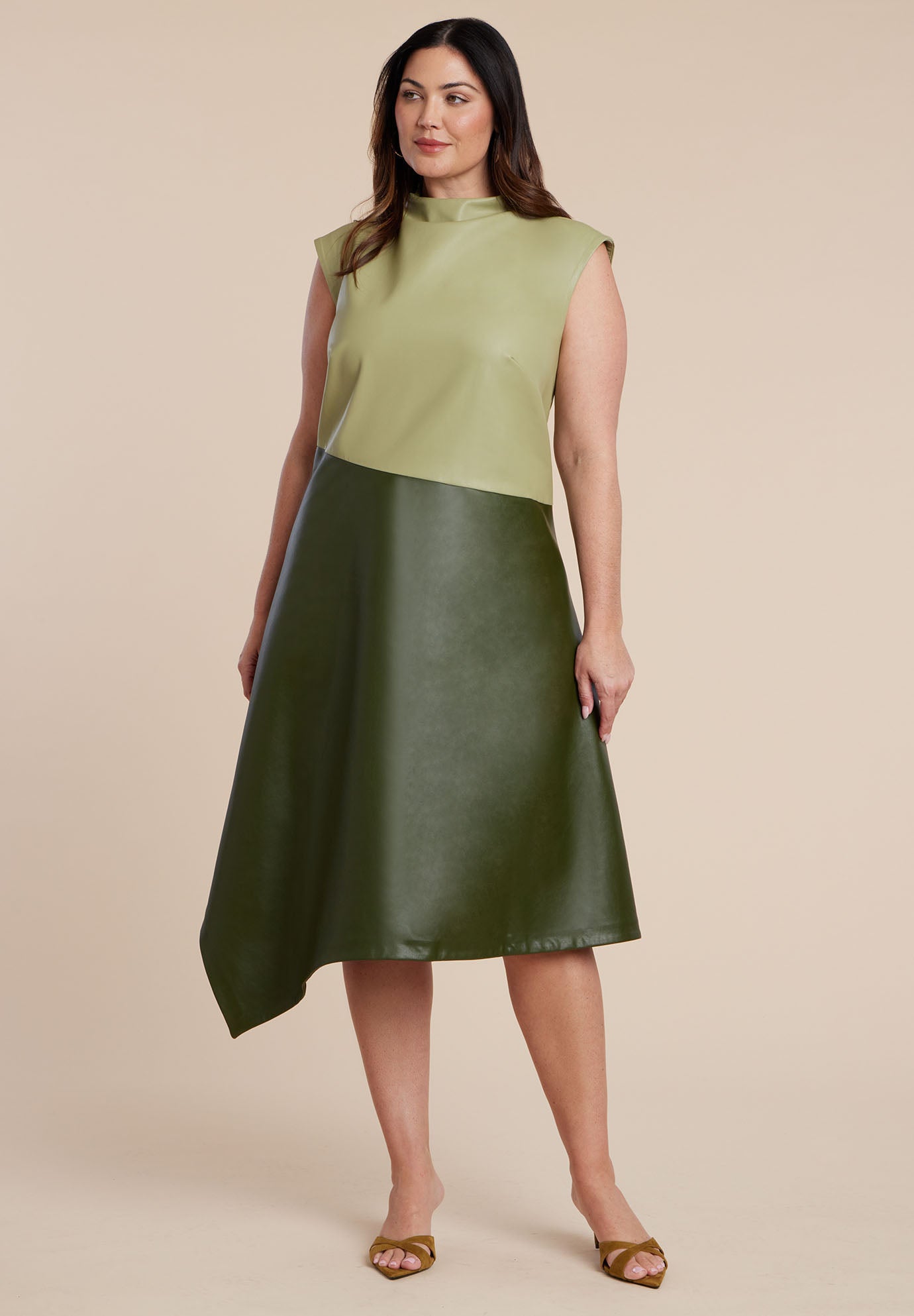 Colorblocked Draped Faux Leather Dress image number 1