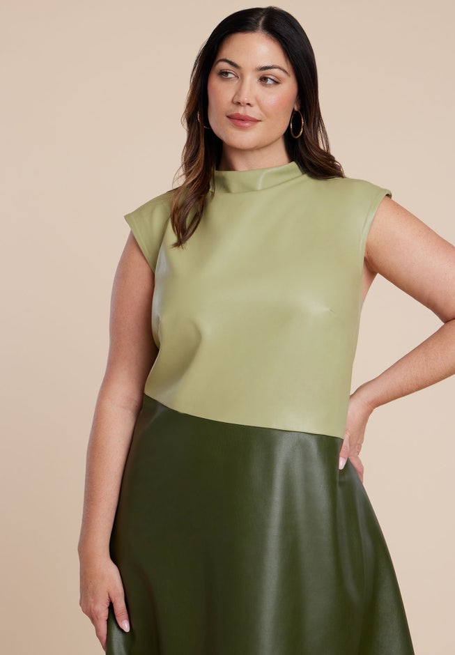 Colorblocked Draped Faux Leather Dress image number 2