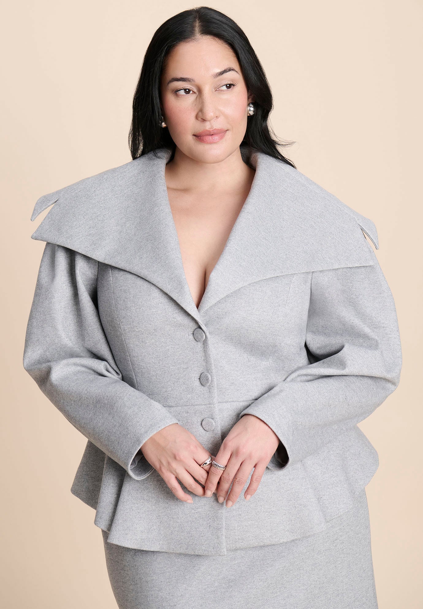 Wide Collar Peplum Heathered Jacket image number 0