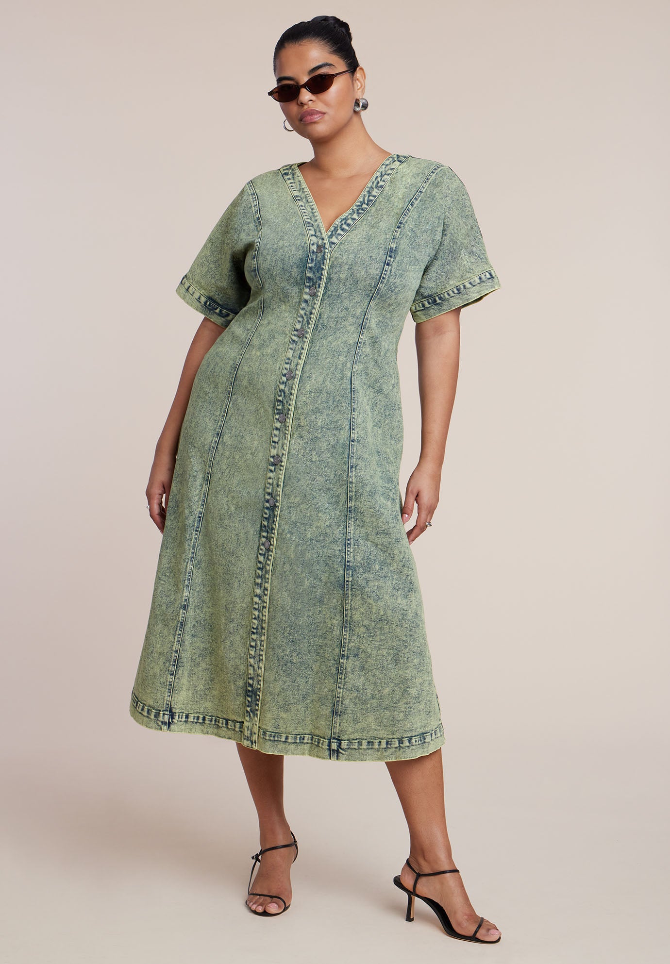 V Neck Flare Denim Dress image number 1