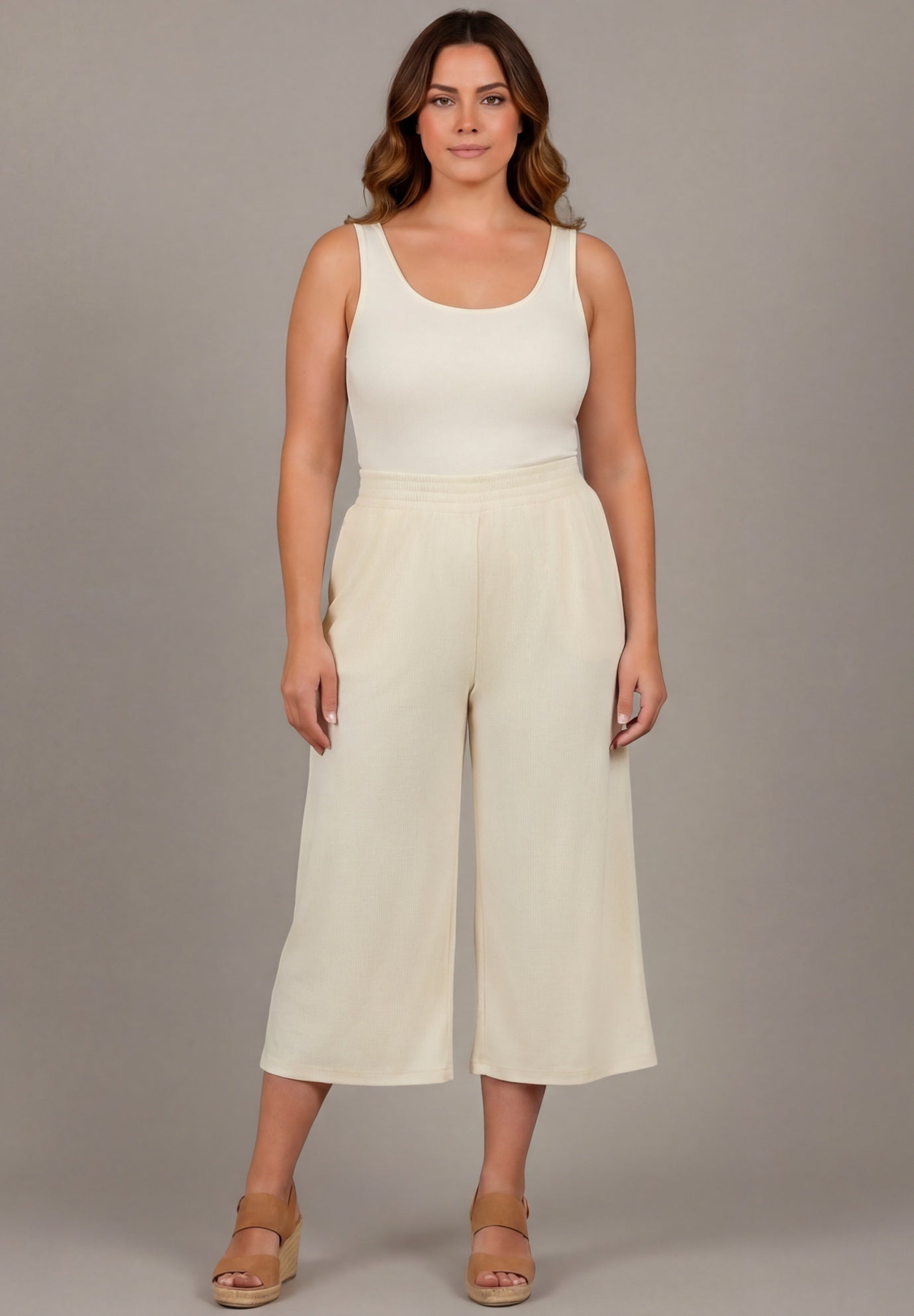 Knit Gauze Smocked Wide-Leg Crop image number 1