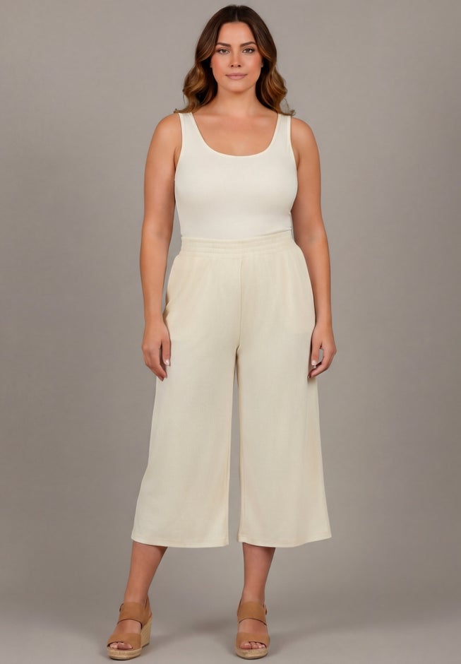 Knit Gauze Smocked Wide-Leg Crop image number 1