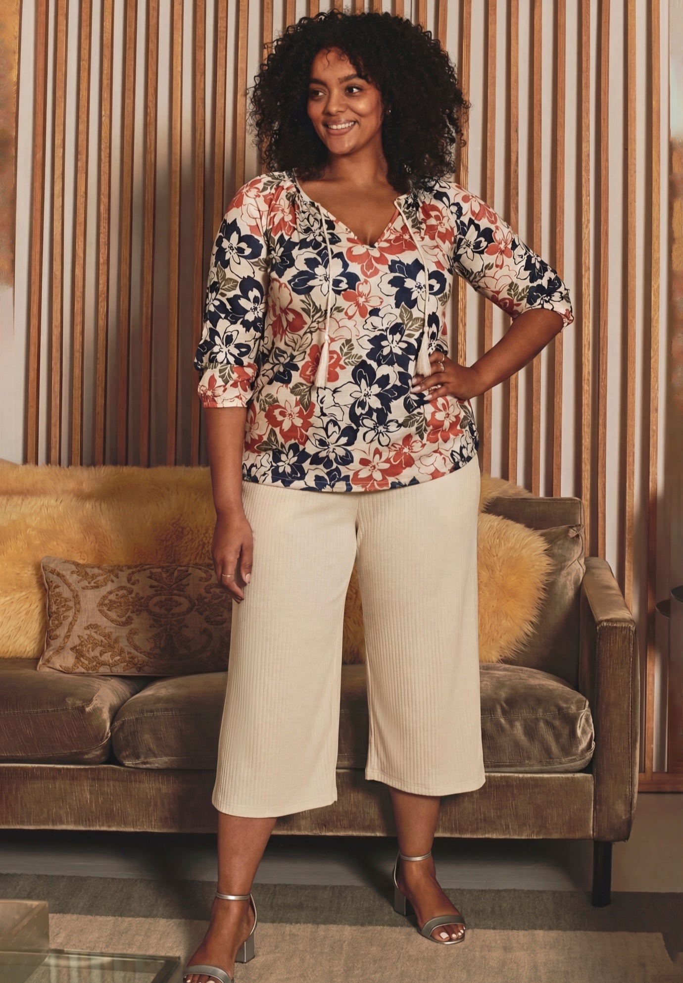 Knit Gauze Smocked Wide-Leg Crop image number 0