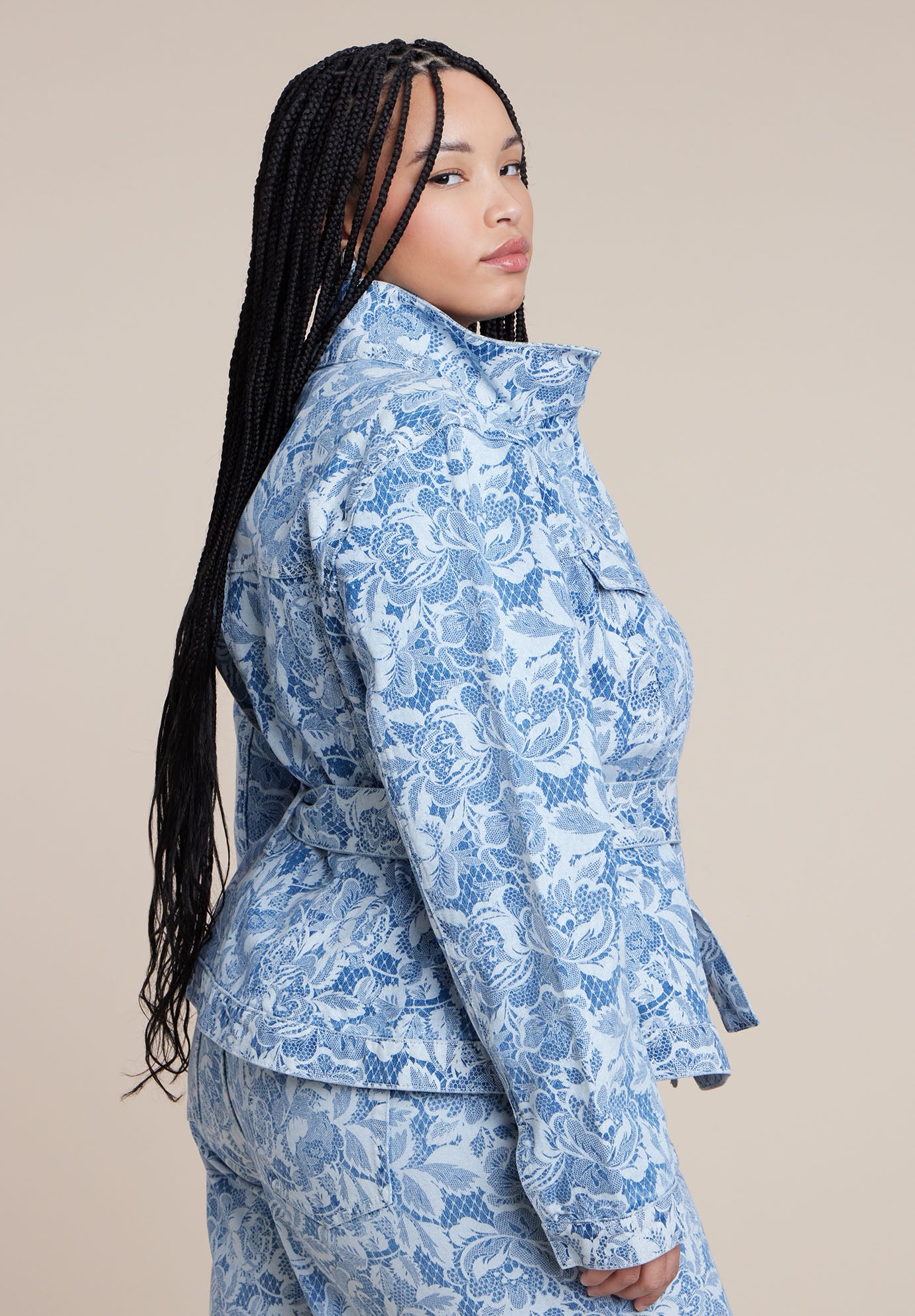 Lace Printed Denim Belted Jacket image number 1