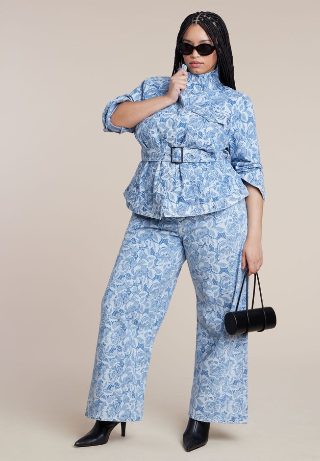 Lace Printed Denim Belted Jacket image number 4