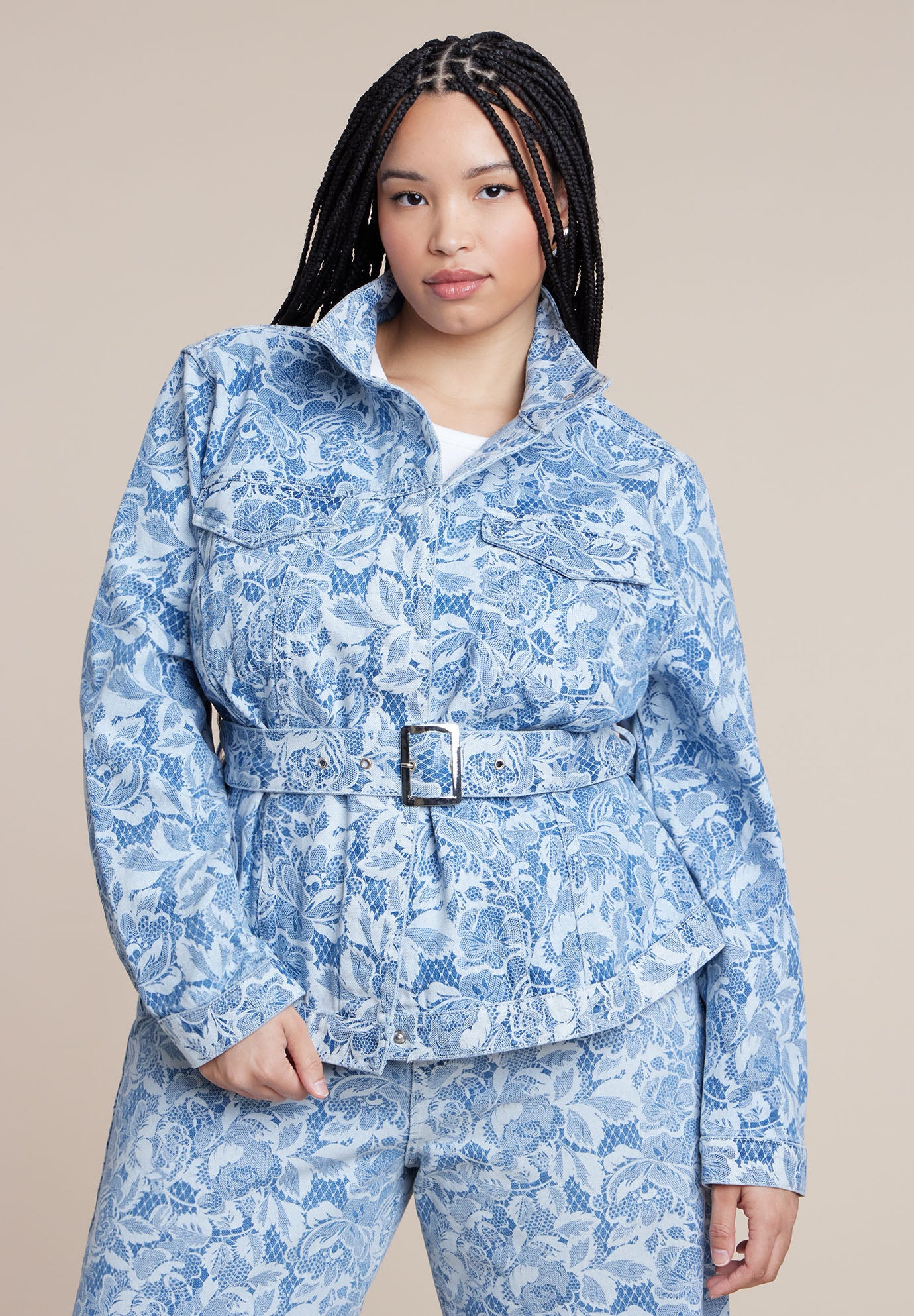 Lace Printed Denim Belted Jacket image number 0