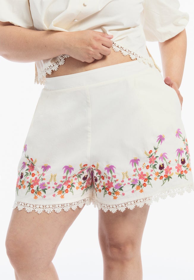 Lace-Trim Embroidered Poplin Shorts image number 2