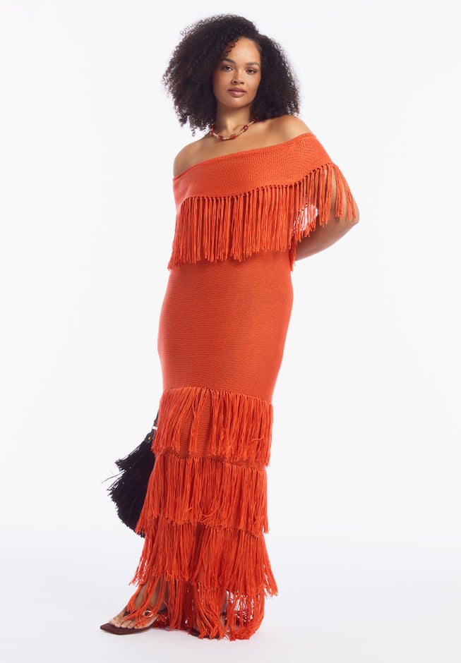 Off-Shoulder Fringe Sweater Dress image number 1