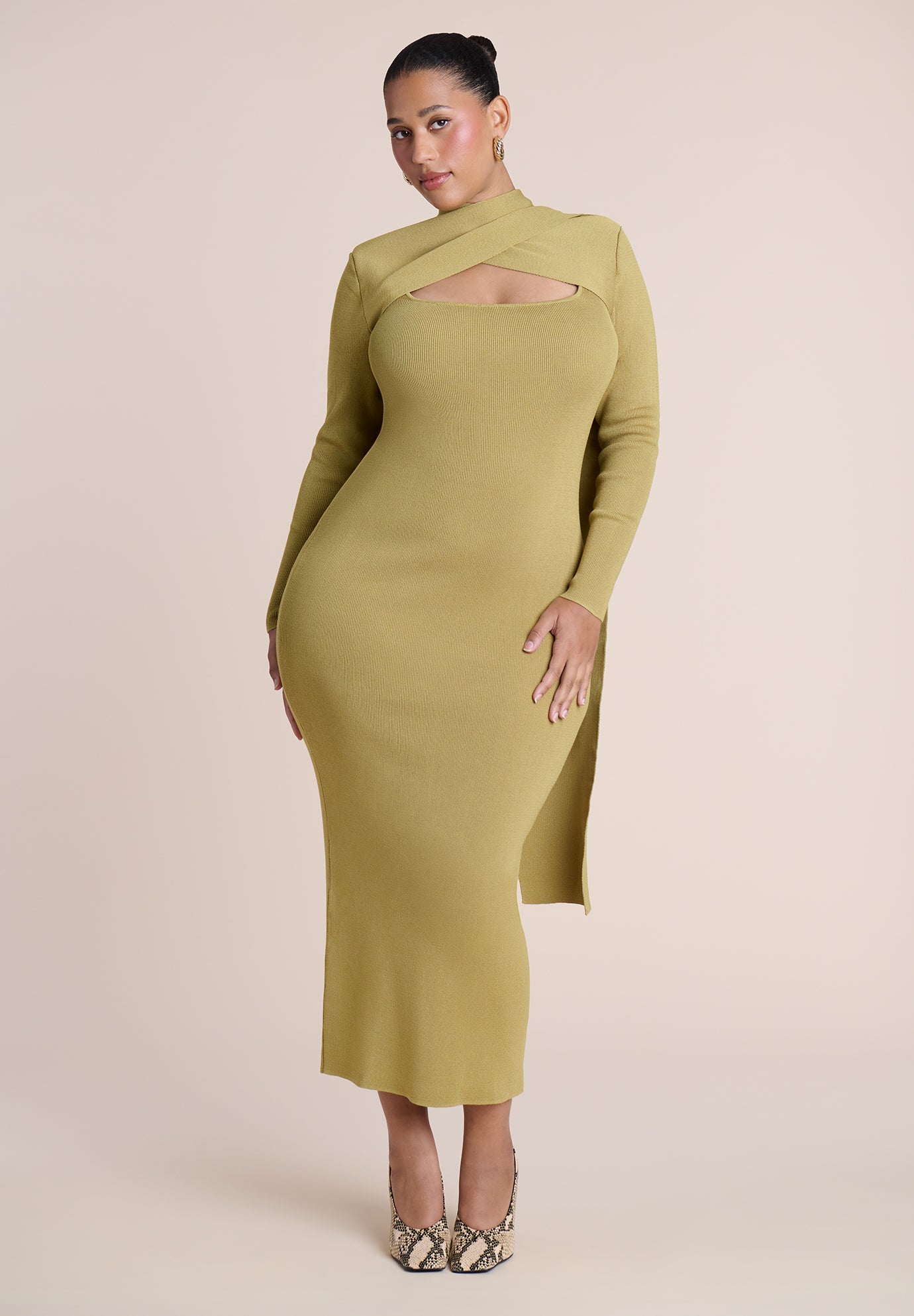 Wrap Scarf-Detail Sweater Midi Dress image number 1