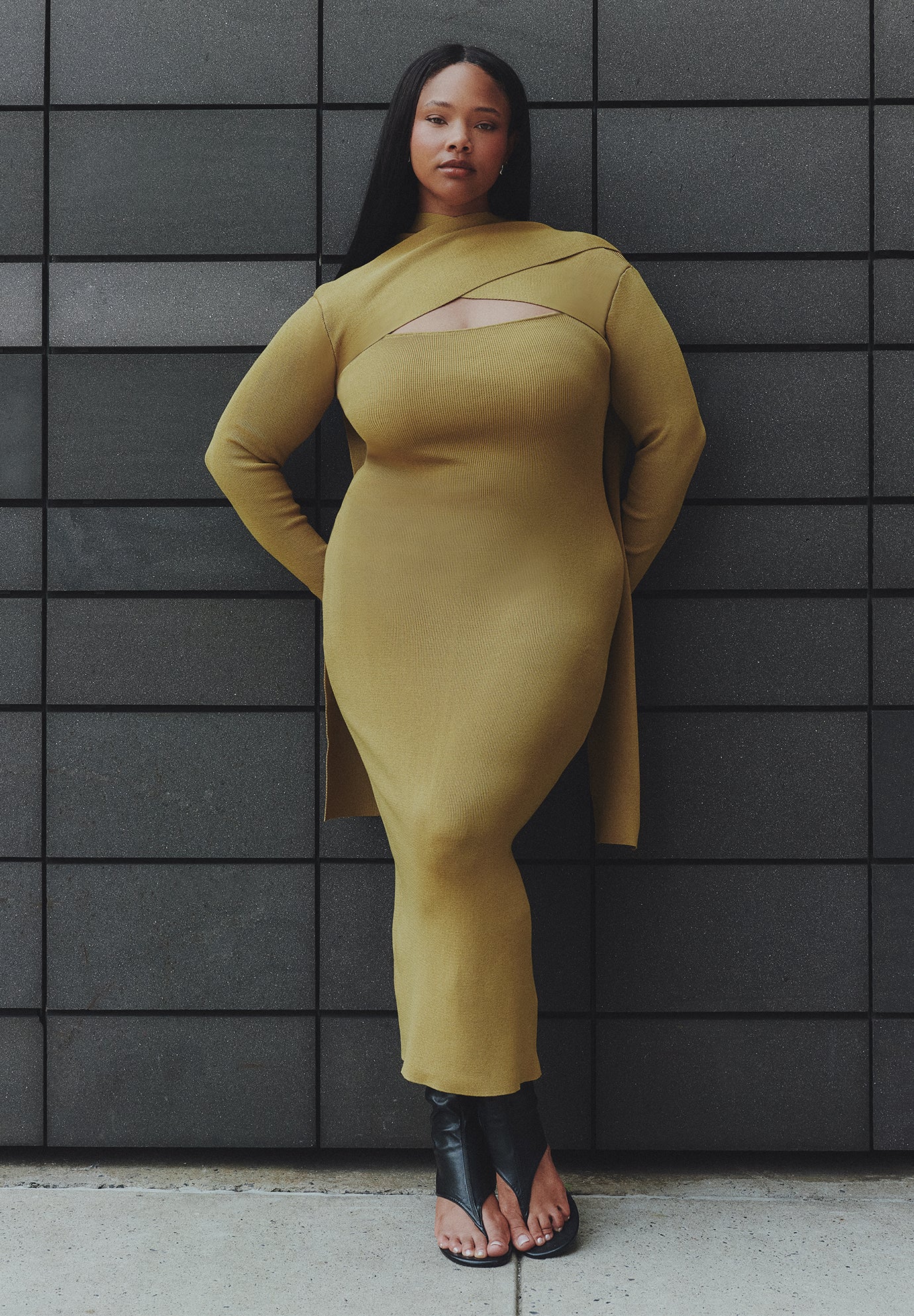 Wrap Scarf-Detail Sweater Midi Dress image number 0