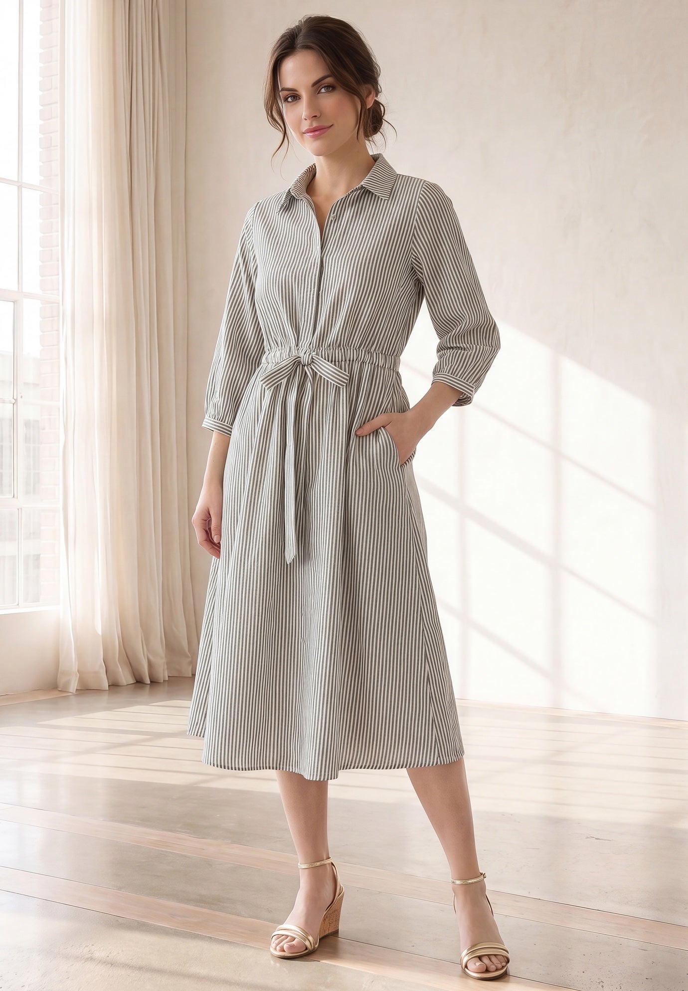 Linen Blend Tie Waist Midi Dress image number 0
