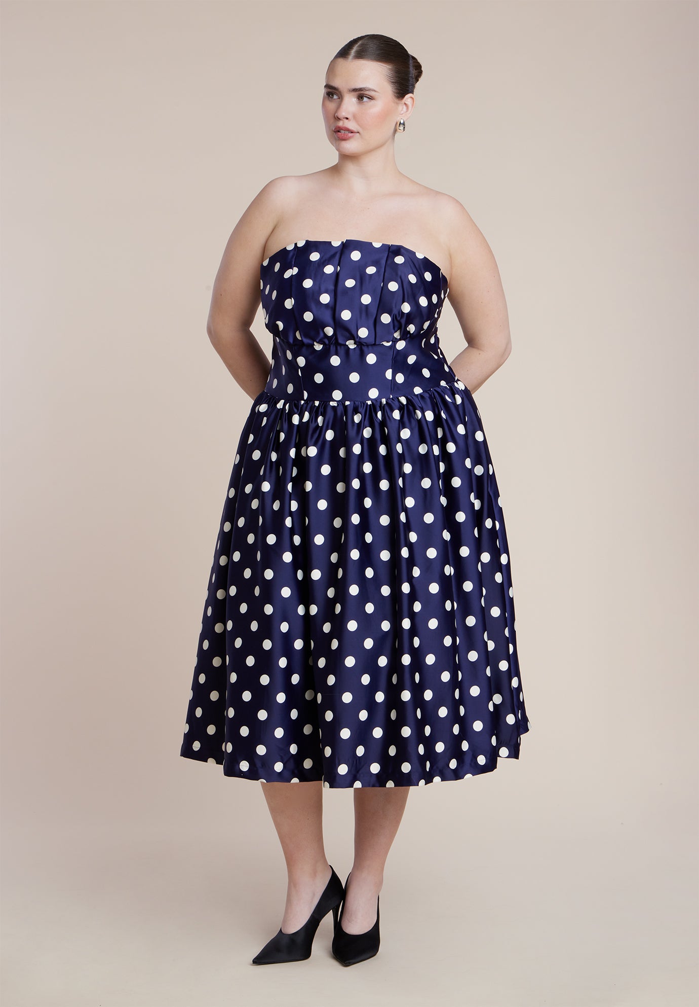 Strapless Polka Dot Flare Midi Dress image number 2