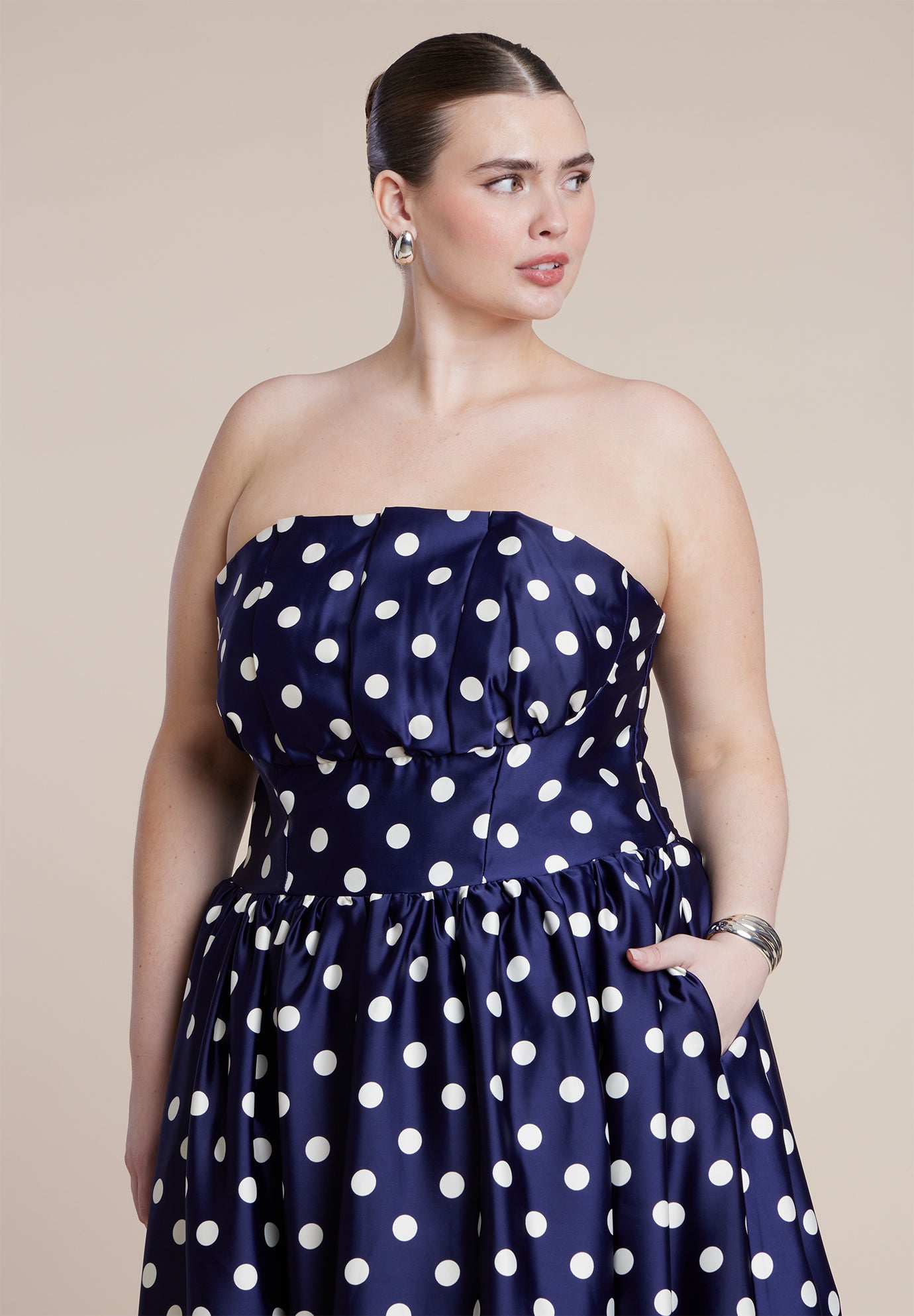 Strapless Polka Dot Flare Midi Dress image number 3