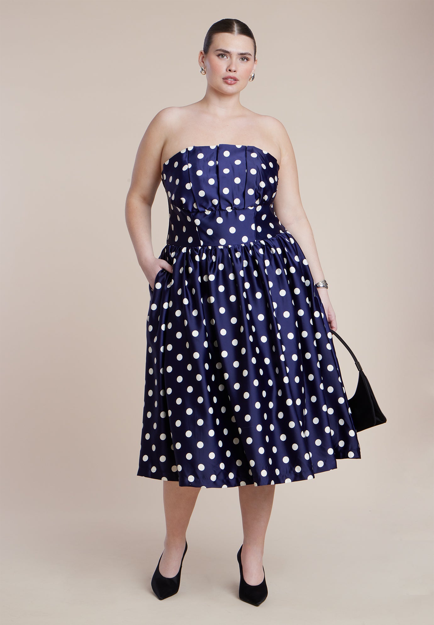 Strapless Polka Dot Flare Midi Dress image number 0